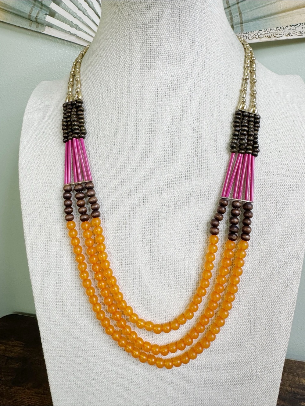 Multistrand Orange Bead & Pink Accent Women’s Necklace